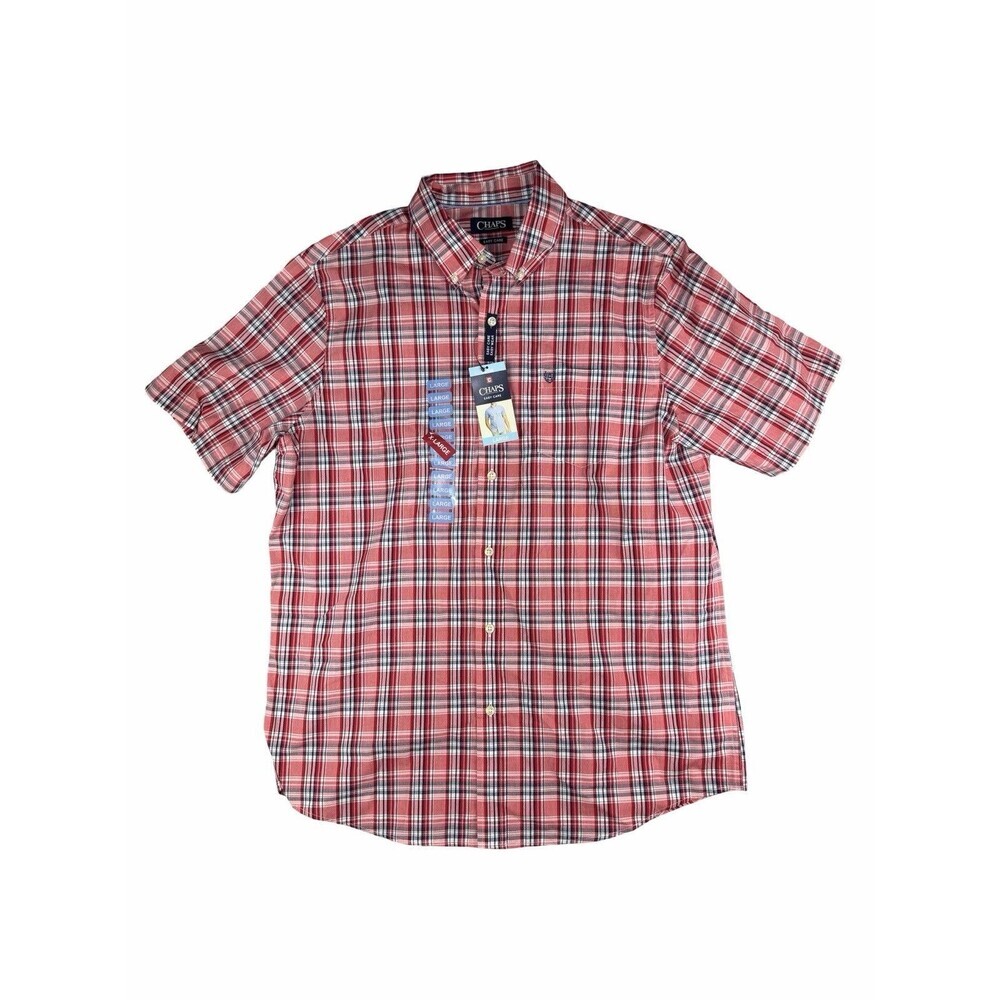 Chaps Easy Care Twill Button Down Shirt Mens Large Red Plaid Short Sleeve NWT